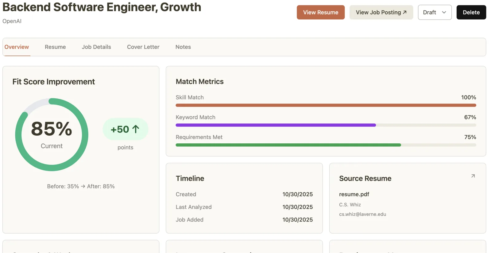 Maggpie job page for a Backend Software Engineer role: a fit score rising from 35% to 85%, with skill, keyword and requirements match bars.
