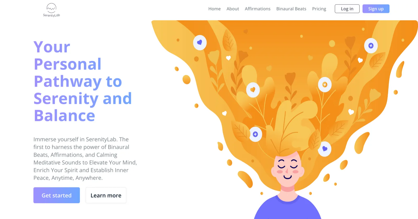 SerenityLab's home page: a calm figure with closed eyes whose orange hair flows up into leaves, beside the headline “Your Personal Pathway to Serenity and Balance”.